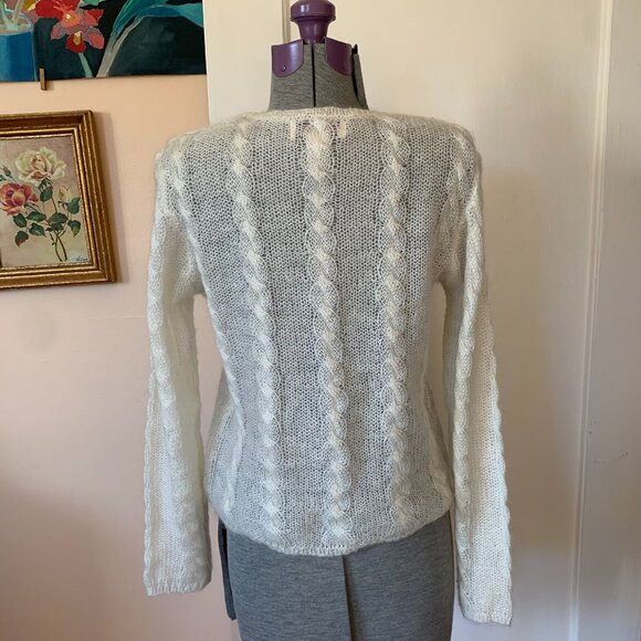 VTG 80s M Sweater Mohair Wool Cable Knit Cream Sheer Granola Fisherman V-Neck - Picture 2 of 4